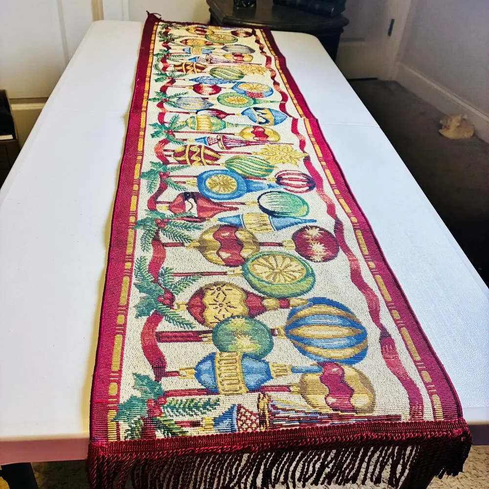Vintage Christmas Tapestry Table Runner Holiday Ornament Garland Fringe 50